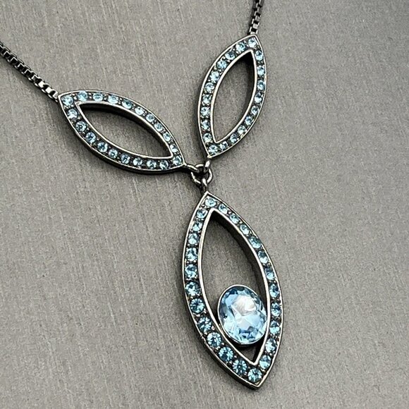 GIVENCHY Blue Rhinestone Necklace and Pierced Dangle Earrings Set Gunmetal 17" - Picture 9 of 9